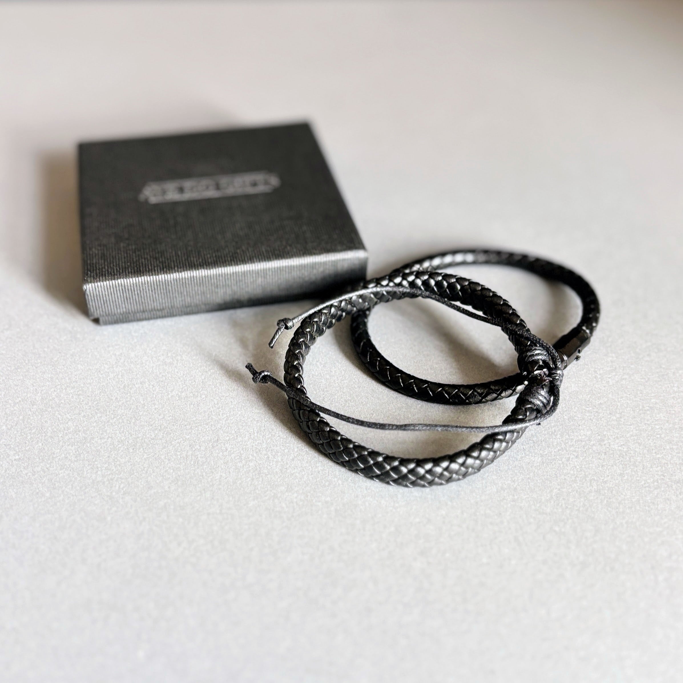 Men's Black Vegan Leather Bracelet Duo Set