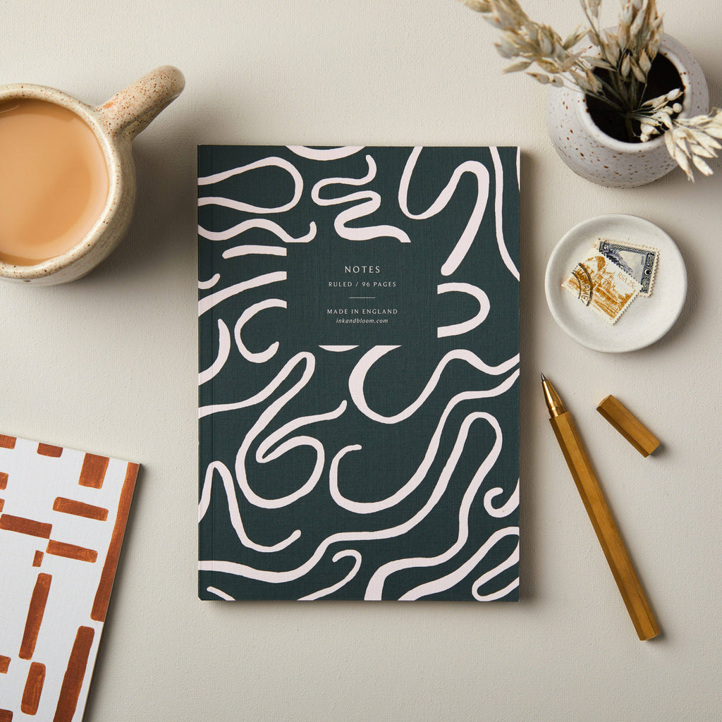 A5 Ruled Notebook in Green Abstract Squiggle | Ink & Bloom